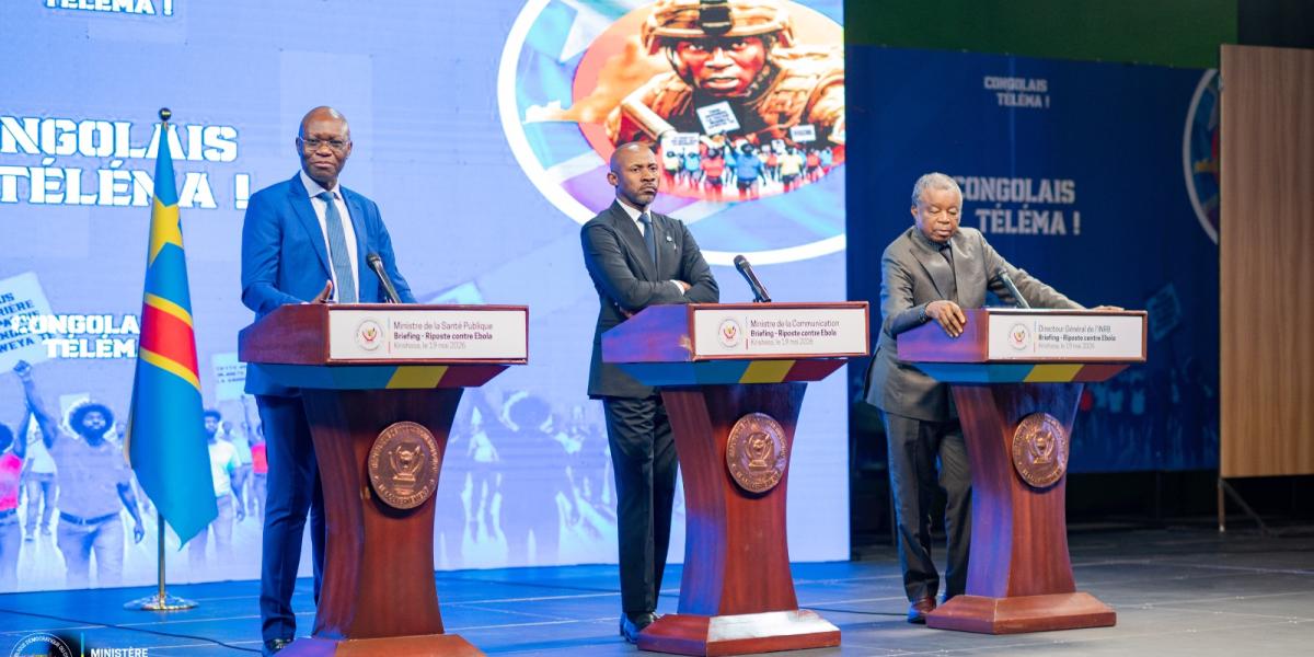 Ministre de la santé, Roger Kamba, ministre de la communication, Patrick Muyaya et le virologue Dr Muyembe